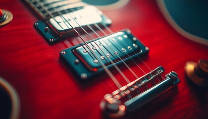 Close-up red electric guitar fretboard