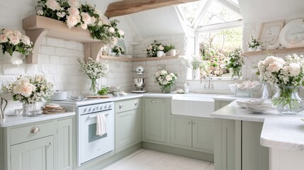 Charming cottage kitchen with flower arrangements and soft pastel tones and natural light flooding in