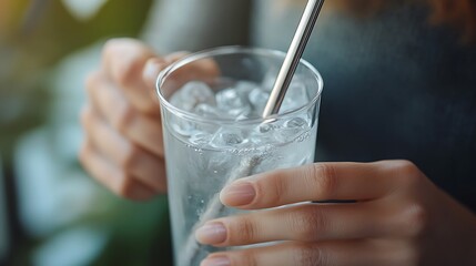 Person Using Metal Straw with Glass of Water