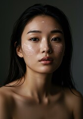 Fototapeta premium Asian Woman Applying Moisturizer: Skincare Routine, Beauty Treatment, Cosmetic Product