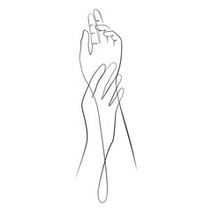 Women's hands with graceful fingers one line drawing on white isolated background. Beautiful female arms