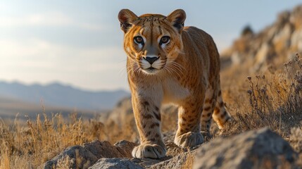 Obraz premium Cougar stalks hillside, sunset mountains