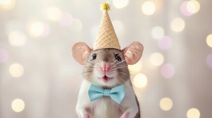 Fototapeta premium Cute pet mouse wearing party hat and bow tie celebrating birthday with festive decorations in background joyful celebration animal photography.