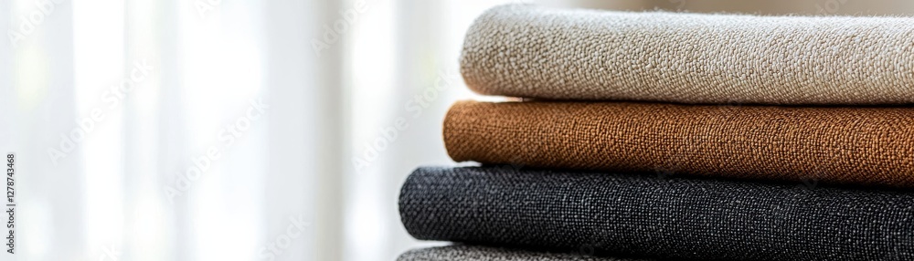 Poster textured fabrics in earthy tones stacked neatly on display against soft natural light background