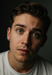 Obraz premium Intense Portrait of a Handsome Young Man with Blue Eyes on Dark Background