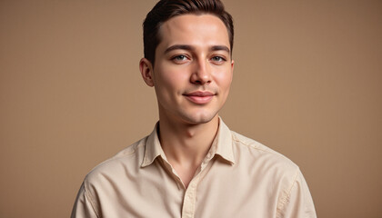 Obraz premium Young man with short dark hair and dewy complexion smiling softly against neutral background