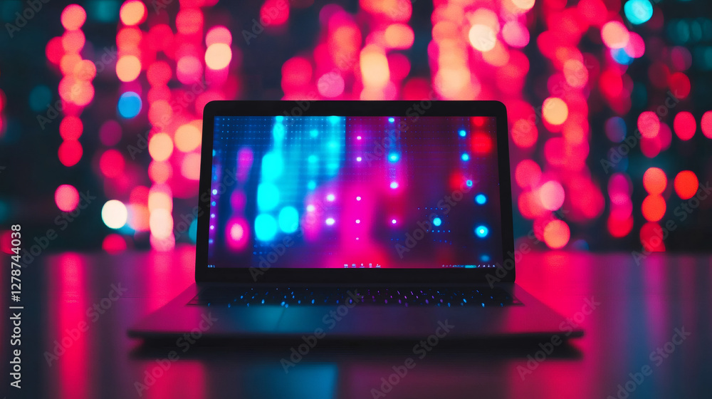 Fototapete Open laptop displaying colorful futuristic design with blurred bokeh background reflecting on the table surface