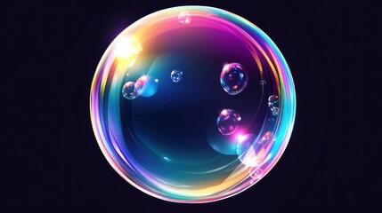 A vibrant, iridescent soap bubble with smaller bubbles inside, set against a dark background.