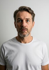 Obraz premium Man with Scared Expression, Surprise, Shock, Fear, Anxiety, Concern, Studio Portrait, Blue Shirt