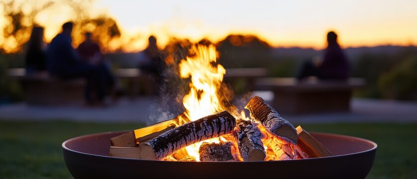 Cozy evening campfire with friends gathered around fire pit enjoying warm atmosphere, outdoor relaxation, summer nights, and nature connection. - Powered by Adobe