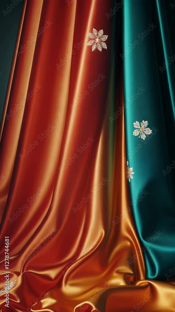 Poster A piece of fabric with a red stripe and a green stripe. The fabric is long and has a shiny appearance