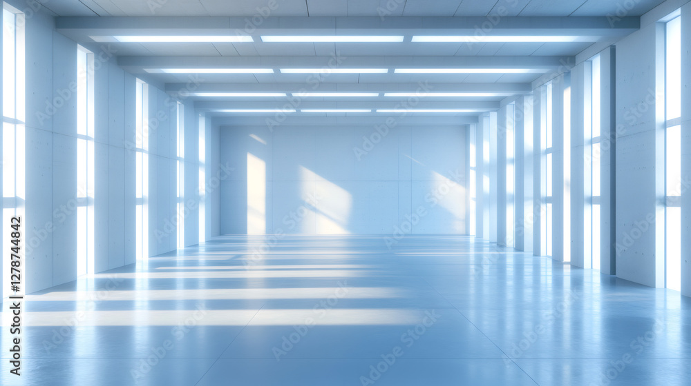 Poster sunlight streaming through large windows, illuminating an expansive industrial hall with polished co
