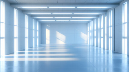 Sunlight streaming through large windows, illuminating an expansive industrial hall with polished concrete floors and minimalist design
