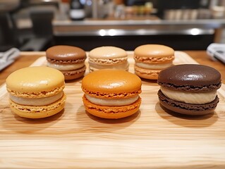 Fototapeta premium Colorful macarons on wood, cafe background