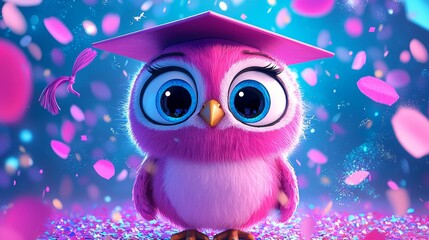 Cute graduation celebration template with pink owl in cap and colorful confetti for festive design