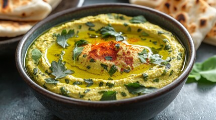 Delicious hummus in a bowl with pita bread