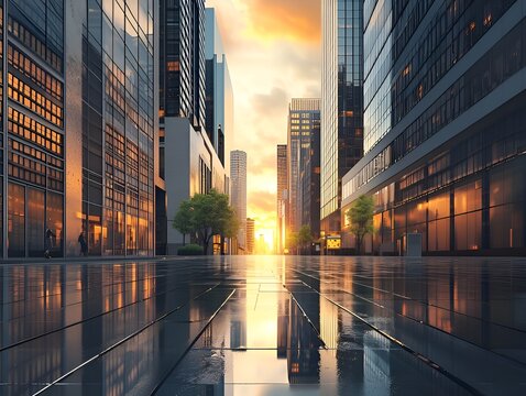 Skyscrapers in the city's business center at sunset or sunrise
