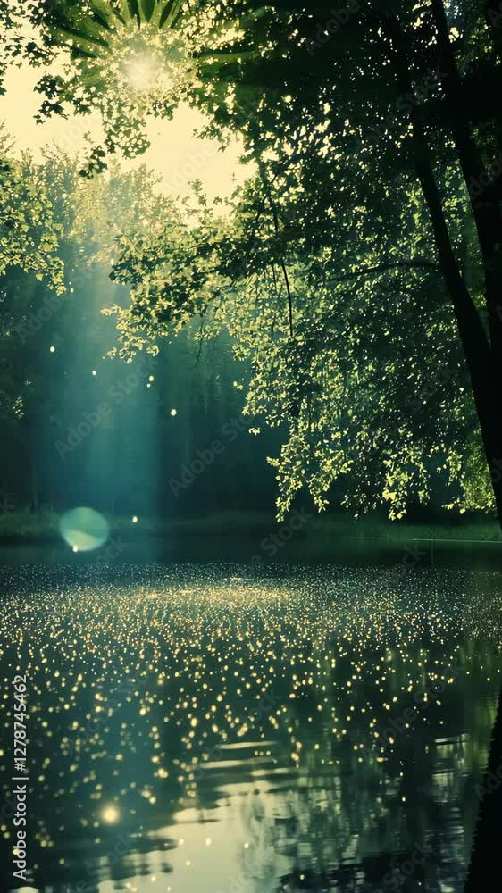 Poster sunlight filters through trees over a serene lake, creating a magical interplay of light and water
