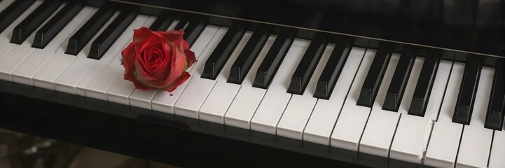 Serenade in Bloom: A single red rose rests delicately on the keys of a grand piano, a striking image of musical harmony.