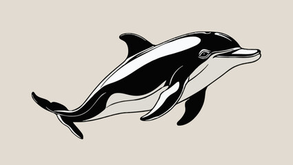 Obraz premium Swimming Dolphin in Black and White with Sleek Body Against a Light Beige Background