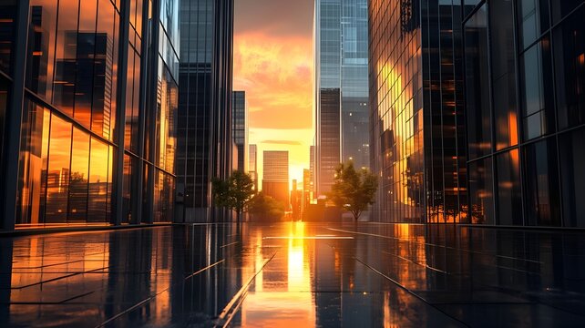 Skyscrapers in the city's business center at sunset or sunrise