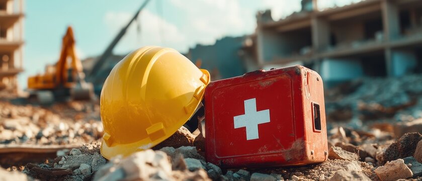 Construction site safety equipment yellow hard hat and first aid kit on debris background emergency preparedness workplace safety industrial.