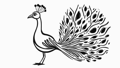 Peacock Line Drawing with Regal Mood Showing Tail Feathers