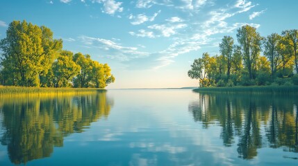 Obraz premium Serene Calm Lake Surrounded by Lush Green Trees