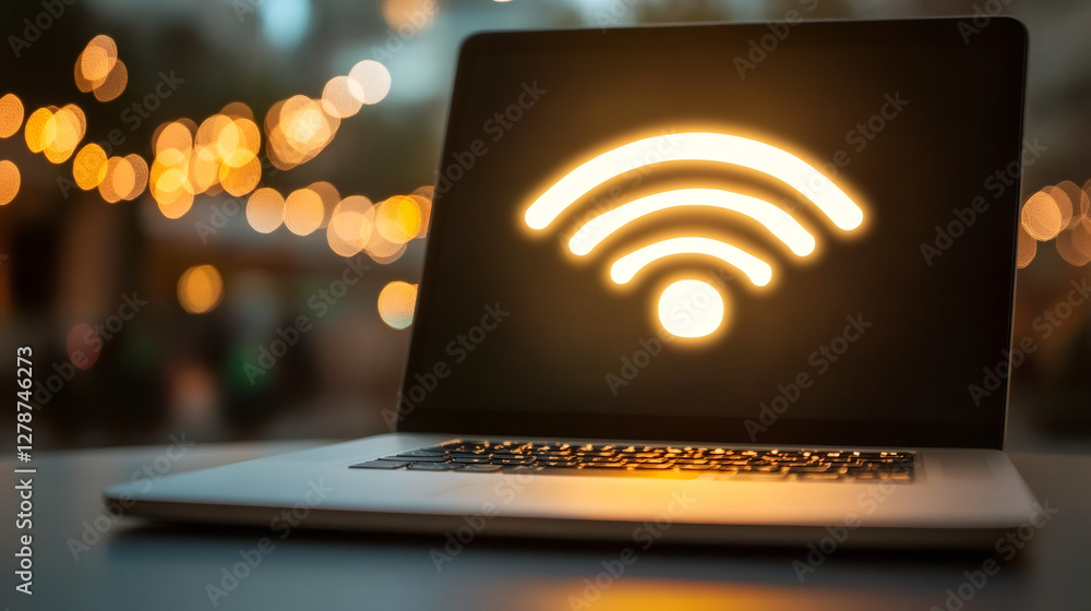 Fototapete Luminous wifi icon lighting laptop display, soft bokeh background creating ethereal wireless connectivity visual