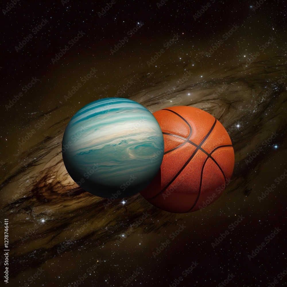 Poster basketball and planet in a space of stars and planets. 3d rendering. generated by ai
