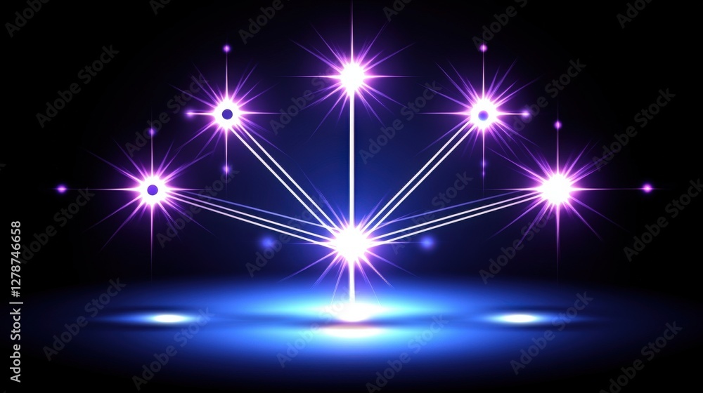 Poster vibrant depiction of colorful dots arranged in clusters on a dark background with radiant light effe