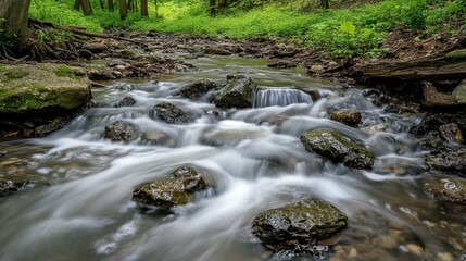 Tranquil Stream Flowing Over Rocks in Lush Green Forest Landscape