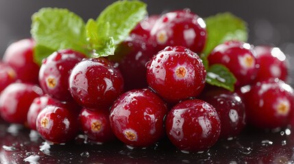 Fresh cranberries with mint leaves on dark surface.  Possible use food photography
