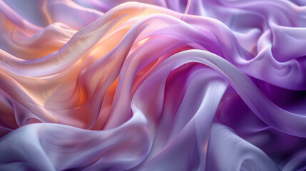 Obraz premium Delicate texture of pale violet and orange silk fabric. Soft, flowing translucent fabric with liquid silk effect, subtle color gradient. Folds and waves, creating abstract pattern with silver sheen.