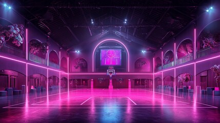 High tech basketball training facility with digital coach and neon lighting for cutting edge sports experience
