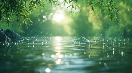 Obraz premium Serene river flowing through lush bamboo leaves creating a peaceful natural landscape