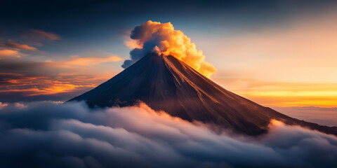 volcano in the clouds at sunset