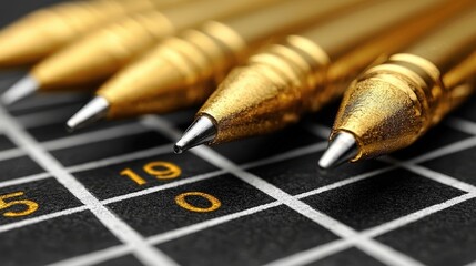 Closeup of a luxurious golden writing pen on a black and white checkered surface