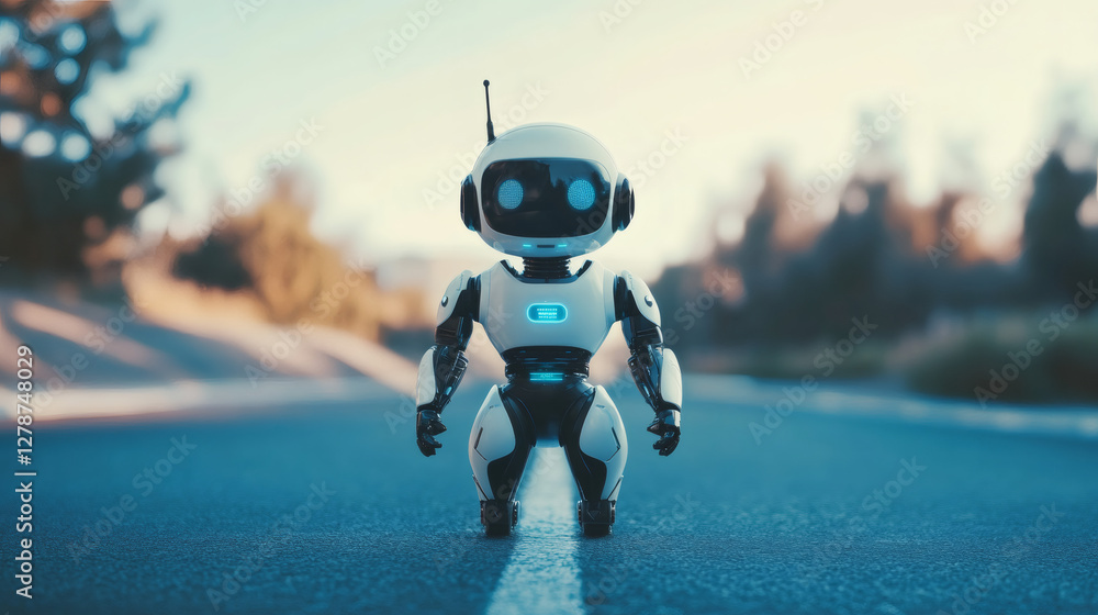 Poster Robotic humanoid walking along empty highway, representing advanced AI innovation with minimalist black-white design