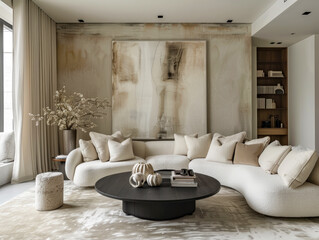Modern luxe living room interior with elegant pastel tones, chic textures, and elements contemporary art. 3d render. Perfect space for for relaxation, rest. Serene, exquisite vibe. Copy space for text