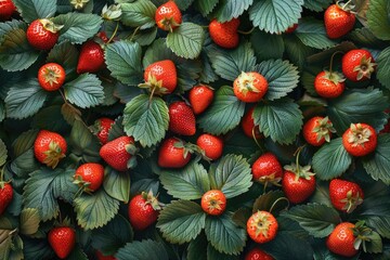 Lush Green Leaves Surround Ripe Red Strawberries