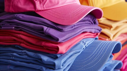 Vibrant merchandise and caps organized for promotional event  swag kit preparation and branding