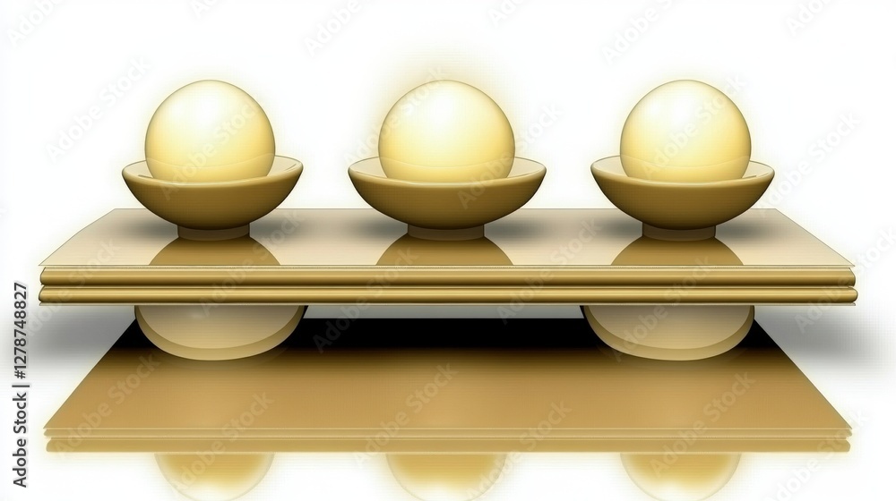 Poster abstract display of glowing spheres arranged in a balanced composition on a reflective surface