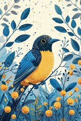 A vibrant illustration of a bird perched among colorful foliage and flowers.