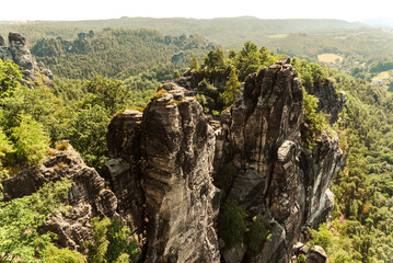 Beautiful views and natural landscapes with rocks from the Saxon Switzerland Mountains in Germany.