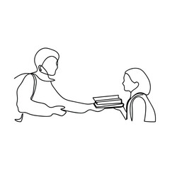 Singleline drawing Student receiving books from teacher, education, learning, knowledge, school, hel