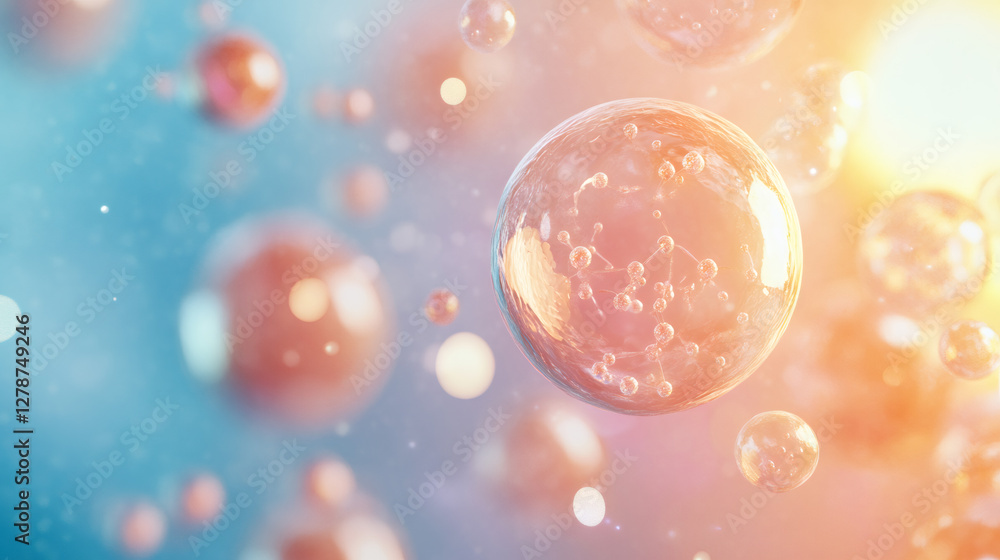 Poster molecule structure inside transparent bubble floating with other bubbles on gradient background with