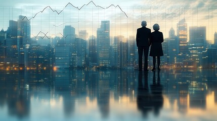 Business professionals observing city skyline at dusk with financial graphs overlay, reflecting on trends