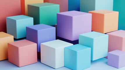 Fototapeta premium A 3D render featuring a collection of colorful cubes arranged in a visually appealing composition.