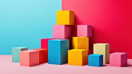 A 3D render featuring a collection of colorful cubes arranged in a visually appealing composition.